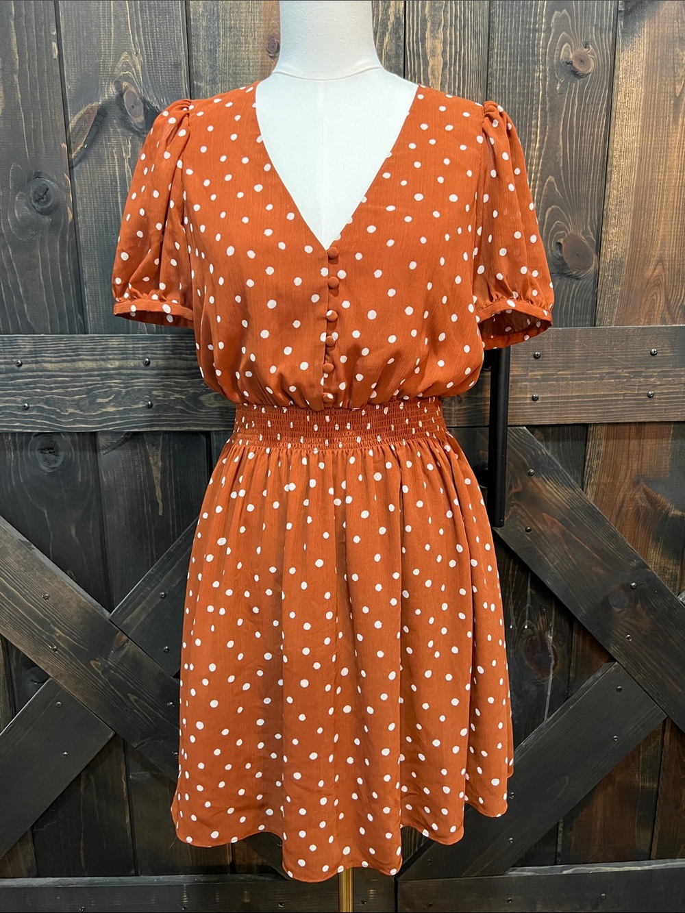 Madewell Smocked Waist Mini Dress S‎ Inkspot Burnt Clay Polka Dot Preppy Puff